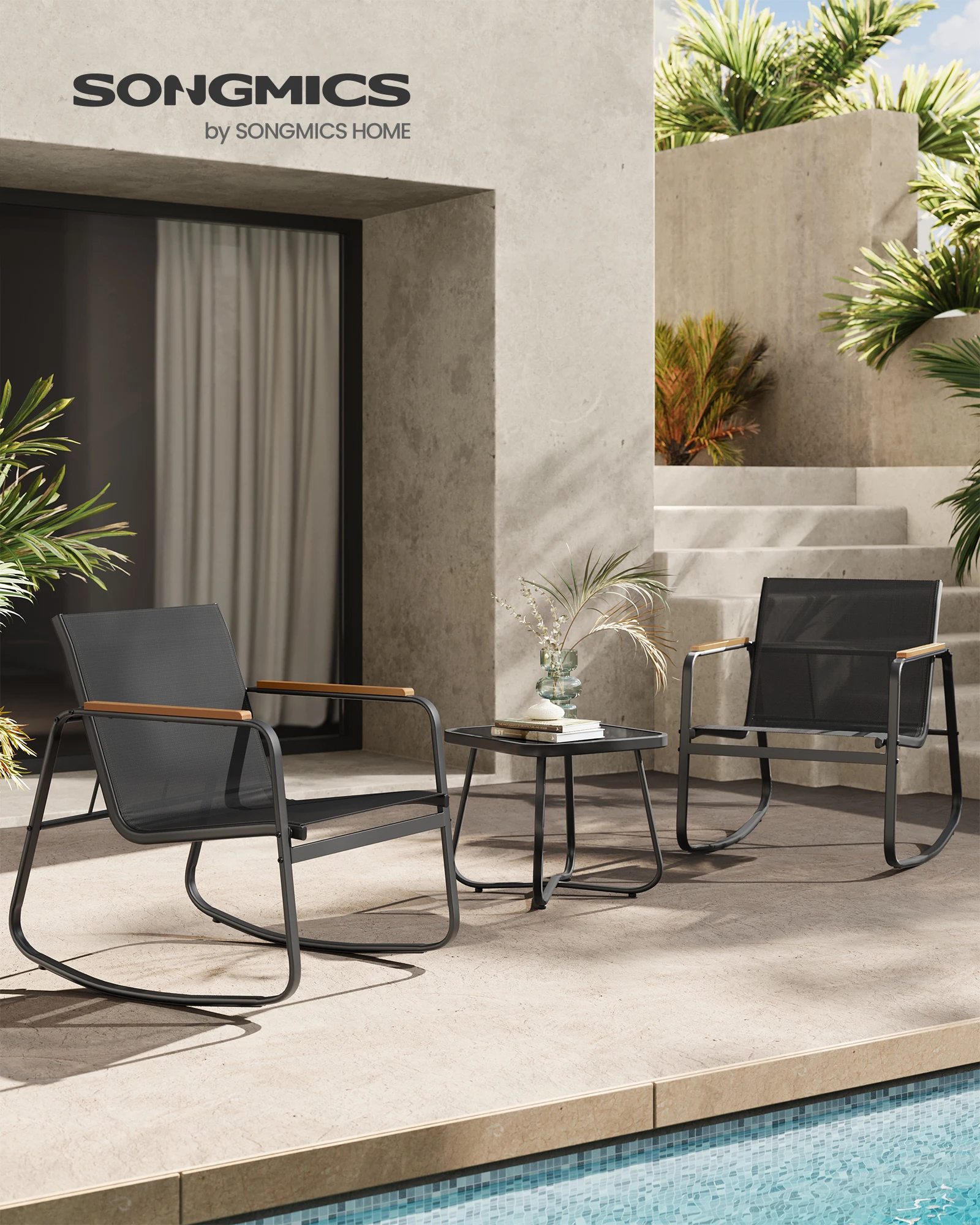 SONGMICS Gartenmöbel-Set,Balkonmöbel,2 Schaukelstühle mit Tisch,Terrassenmöbel,mit Armlehnen,atmungsaktives Kunstfasergewebe