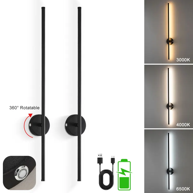 Kabellose wiederaufladbare Batterie-LED-Wandlampen mit Fernbedienung 3CCT 360 ° Drehbare Touch-Schalter, dimmbare LED-Wandleuchten, Schwarz