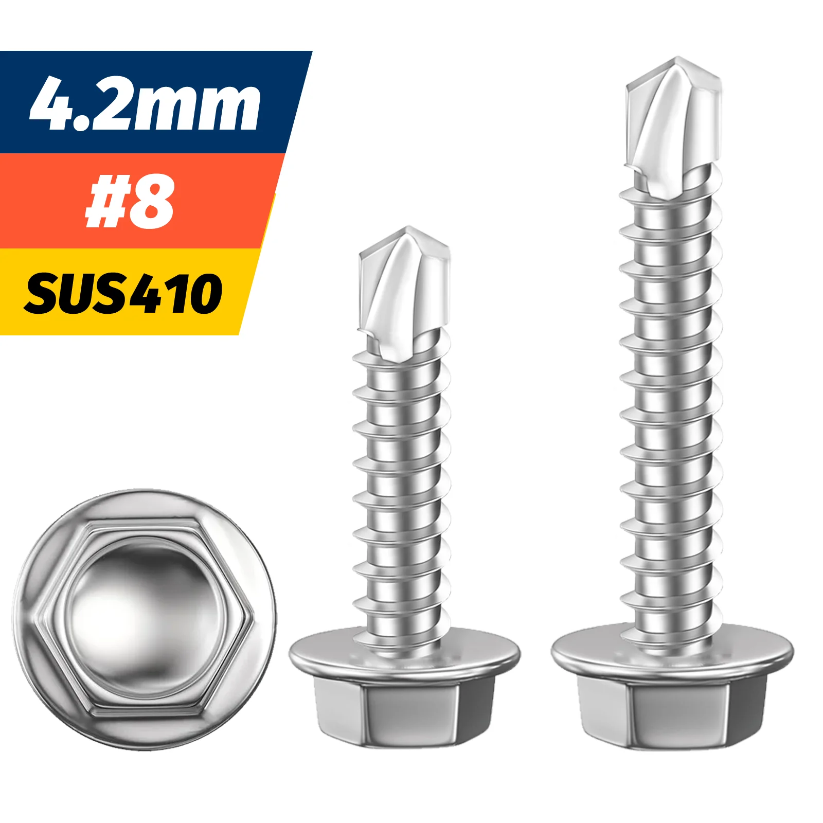 # 8 M4.2 selbstschneidende Blechschrauben, Sechskant-Unterlegscheibenkopf aus Edelstahl 410, hochfeste, schnell schneidende Tek-Schrauben, Drehmaschine an Metall Image