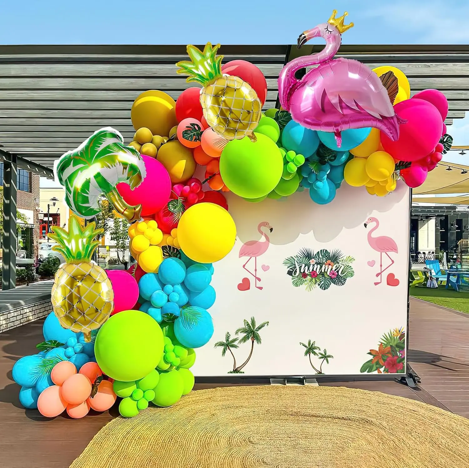 Tropical Flamingo Balloon Arch Kit, Pfirsichblaugrüner orangefarbener Folienballon für hawaiianische Geburtstage, Strandpartys Image