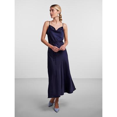 Spaghettikleid Y.A.S "YASTHEA STRAP LONG DRESS S. NOOS", Damen, Gr. 42, N-Gr, blau (evening blau), Web, Obermaterial: 100% Polyester, unifarben, modisch, wadenlang, Wasserfallausschnitt, ohne Ärmel, Kleider, Sommerkleid Image