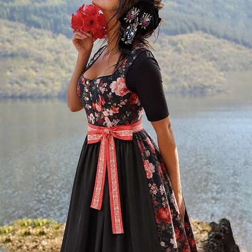 Robe dirndl florale pour femmes avec tablier Oktoberfest carnaval bavarois fête de la bière Trachtenkleid style traditionnel