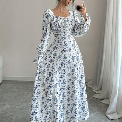 TEMU Women's Elegant Floral Neck Dress With Puff Sleeves - Long Flowy Maxi Dress, White With Blue , Casual Or Formal Occasions, Casual Elegant Wear | Floral Print Dress | Polyester Fabric Image