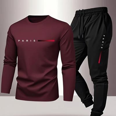 "TEMU Men's Casual Sportswear Set - Black Long Sleeve T-shirt With "paris" Print & Black Joggers With Red Accents - Summer Athletic Outfit, Gift, Sporty Outfit||stretchy Fabric" Image