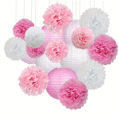 TEMU 18pcs Pink Paper Lantern Decorations Tissue Paper Pom Poms Paper Flowers Party Decorations For Baby Shower Wedding Valentine's Day Birthday Party Image