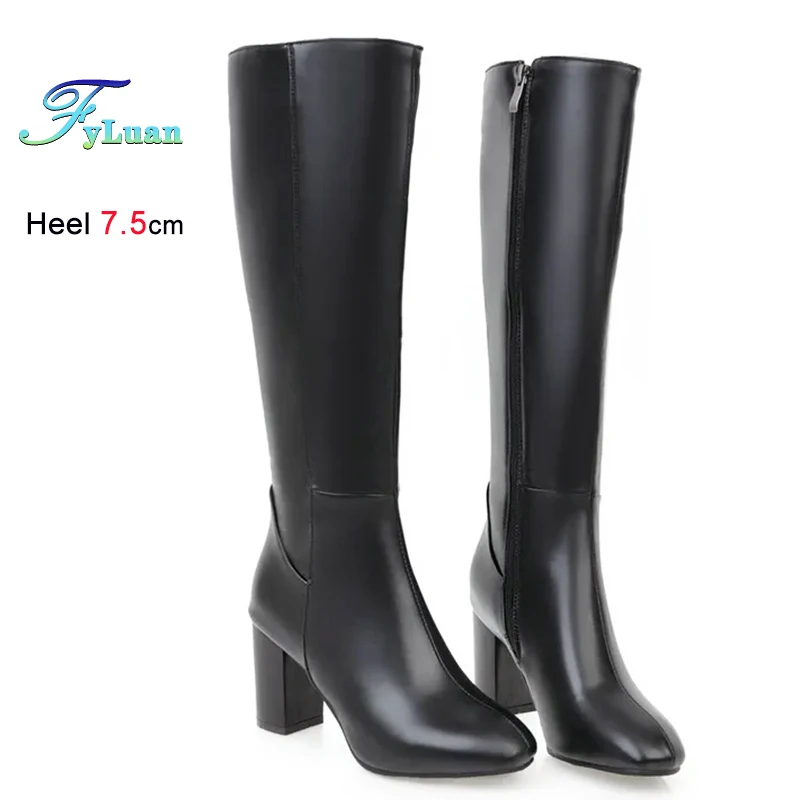 Herbst Winter Frauen 7,5 CM Platz Heels Seite Zipper Rosa Lange Stiefel Im Freien Weibliche Schuhe Mode Warme Knie-hohe leder Stiefel 48