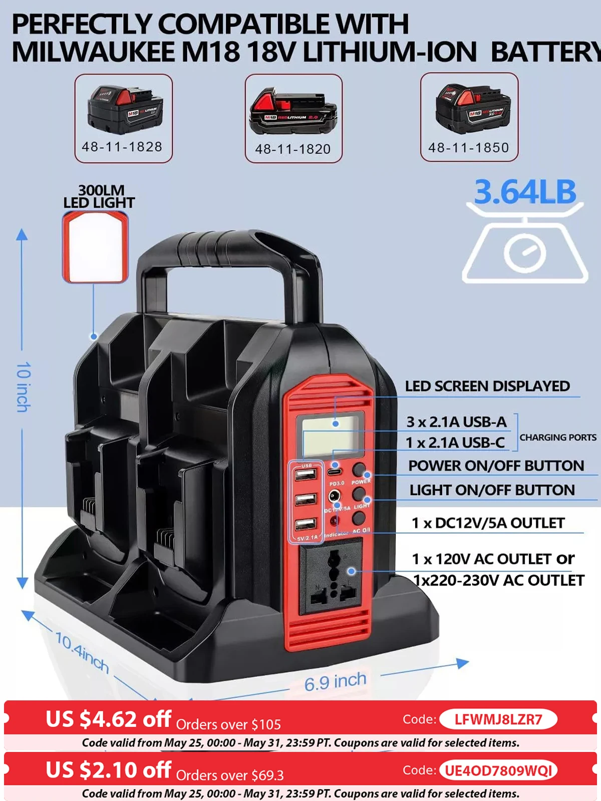 200/350 W Netzteil-Wechselrichter für Milwaukee M18 18 V Batterie 2/4 Anschlüsse DC 18 V zu AC 110–120 V/220–230 V, 300 lm, LED-Licht für Outdoor, Camping, Reisen, Notfall, mit 3 USB/1 DC/1 Image