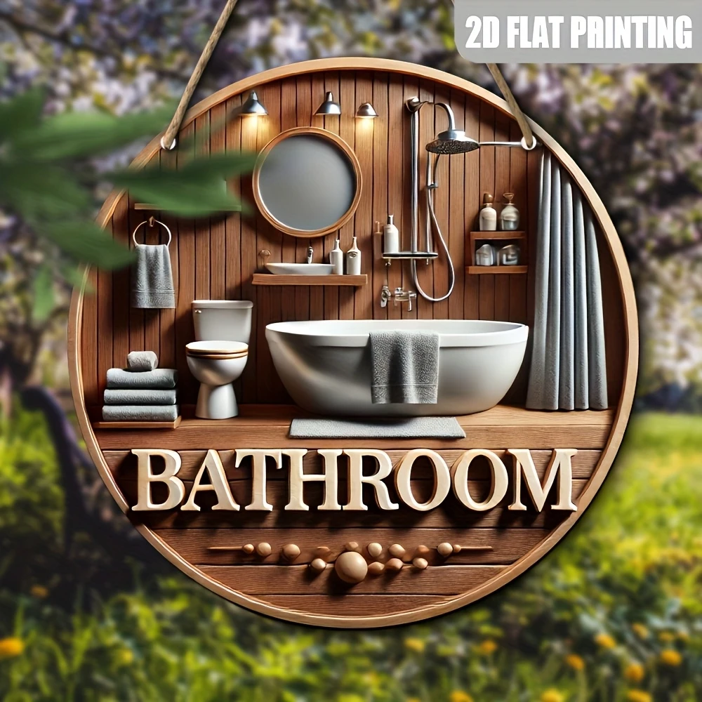 2D 8 Zoll rundes Holzschild Toilette Decora Badezimmer Restaurant Café Einkaufszentrum Bar – Aufforderungsbrett mit Holzmaserung Design