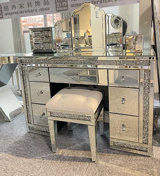 Moderner, glamouröser, verspiegelter Rahmen, glänzendes Kristalldekor, Schminktisch, Kommode, Glas, Schminktisch für Schlafzimmermöbel