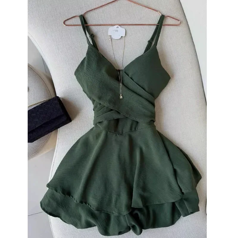 Amerikanischen Retro Grün Camis Kleid Y2K Mode Hot Girl Tiefem V Mini Kleid Sommer Neue Chic Strand Resort Ärmellose Vestidos