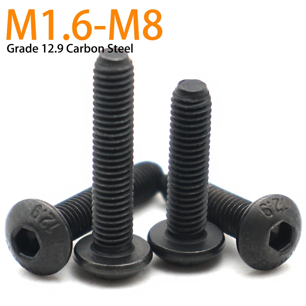 M1,6 M2 M2,5 M3 M4 M5 M6 M8 Güteklasse 12,9, schwarzer Stahl, Innensechskant, Innensechskant, runde Halbrundkopfschraube, 100/50/20/10/5 Stück, L = 3–100 mm Image
