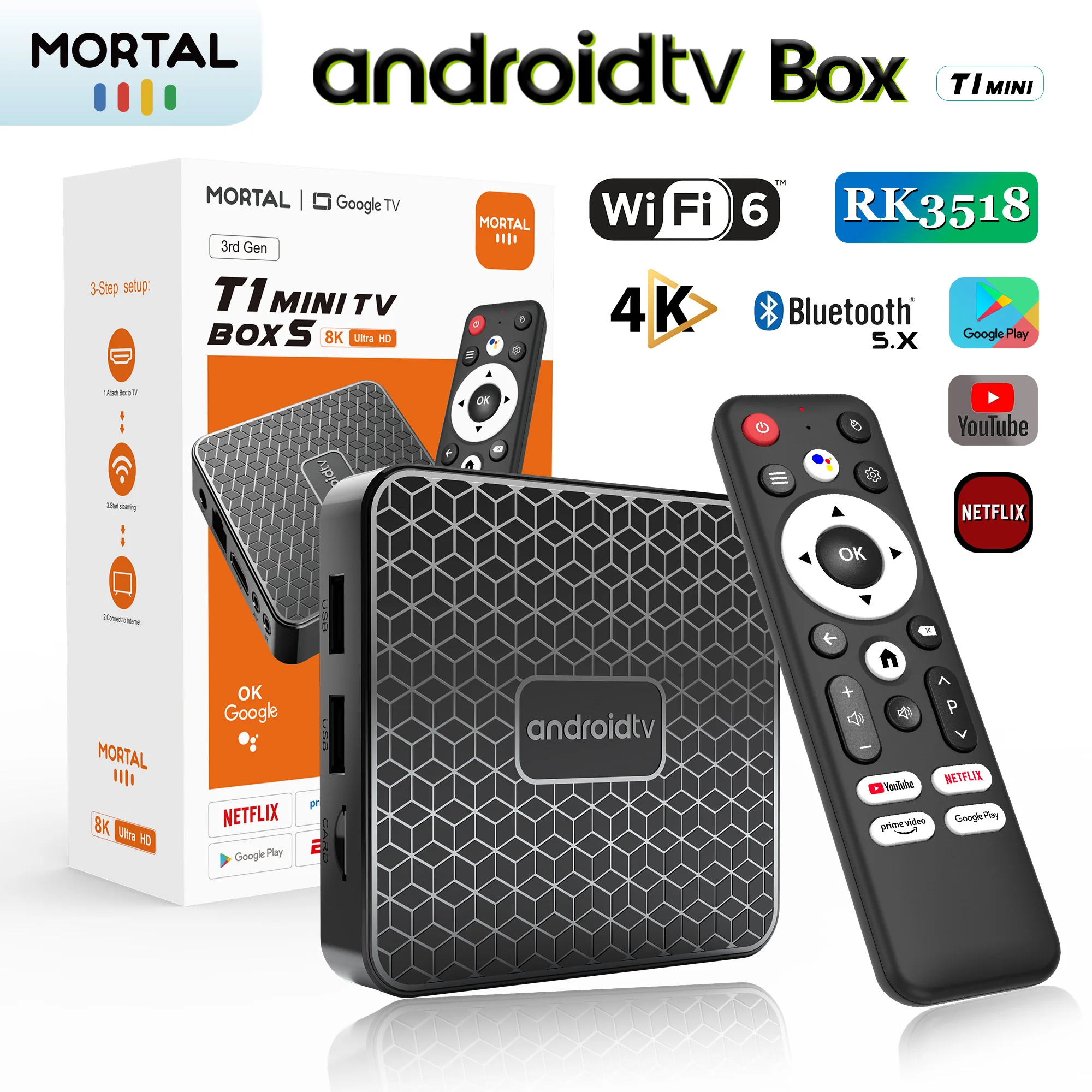 Smart TV-Box direkt ab Werk Android14 RK3518 Mortal T1 MINI Sprachfernbedienung WiFi 6 4K @ 60fps WiFi6 Bluetooth 2GB16GB Streaming Image