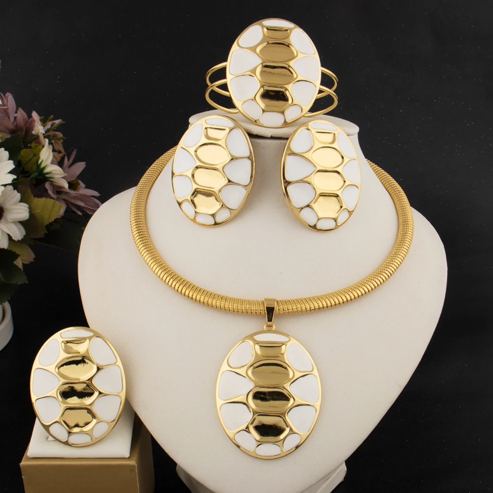 Luxus Gold Farbe Schmuck Sets Für Frauen Weiße Flecken Ohrringe Halskette Ring Armreif Set Für Dubai Afrikanische Braut Hochzeit Party Image