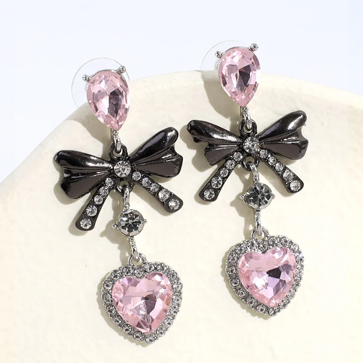 Rosa Strass Liebe Pfirsich Herz Schleife Knoten Tropfen Ohrringe für Frauen Cool Dark Gothic Mode Baumeln Ohrringe Y2k Trendy Schmuck Image