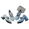 Hochhackige Damen-Schuhe, 2022, neue Denim-Perle, quadratische Zehenpartie, Retro-Schuhe mit