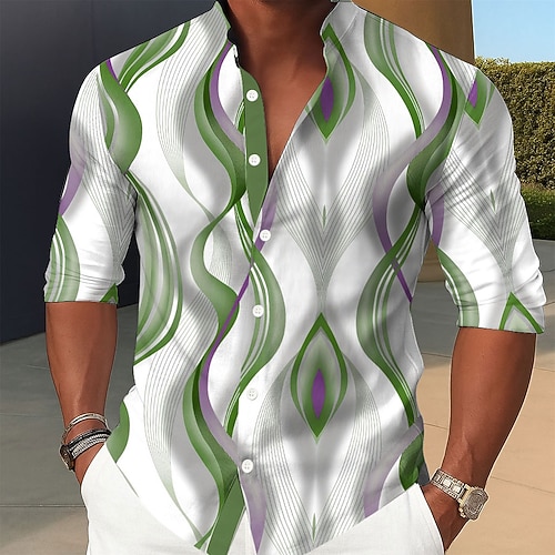 Herren Geometrisch Farbverlauf Linien / Wellen Hemd Stehkragenhemd Lässiges Hemd Langarm Business-Casual Urlaub Heim Täglich Sommer Frühling Mandarinkragen Stehkragen 3D-Druck Hemden mit Knopfleiste Image