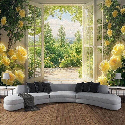 Fenster blumen blumen pflanzen landschaft wandteppich dekorative kunst teppich vorhang hängen hause schlafzimmer wohnzimmer dekoration Image