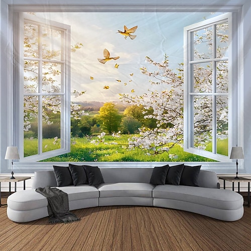Fenster blumen blumen pflanzen landschaft wandteppich dekorative kunst teppich vorhang hängen hause schlafzimmer wohnzimmer dekoration Image