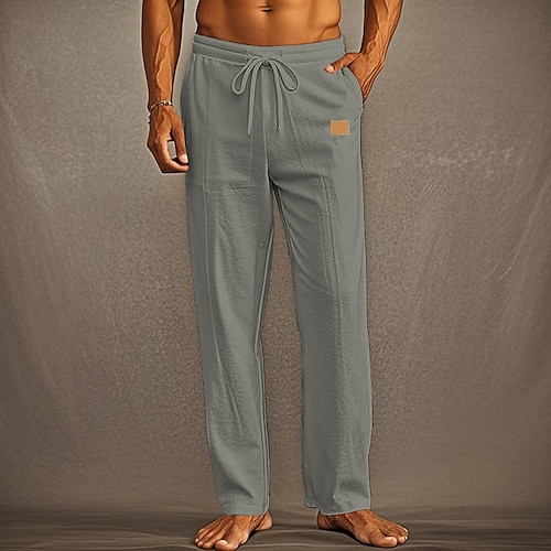 Herren Leinenhosen Hose Sommerhose Strandhose Tasche Kordelzug Elastischer Bund Einfach Komfort Atmungsaktiv Urlaub Täglich Ferien Hawaiianisch Boho Schwarz Weiß Image
