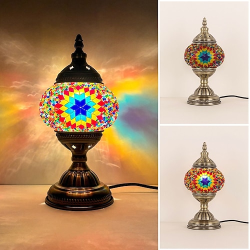 türkisches Mosaiklampen-Set, dekorativer Glastisch, Nachttischlicht für Wohnzimmer und Schlafzimmer, basteln Sie Ihre eigene Lampe, antiker Bronzesockel Image