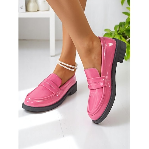 Damen Glänzende Kunstleder Loafers mit runder Zehen und niedrigem Absatz Elegante Slipper-Arbeitschuhe für urbane Fachkräfte den ganzen Tag tragbar Image