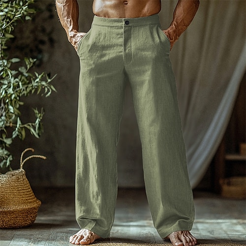 Herren Leinenhosen Hose Sommerhose Strandhose Knöpfe Tasche Gerader Schnitt Einfach Komfort Atmungsaktiv Urlaub Täglich Ferien Hawaiianisch Boho Schwarz Weiß Image