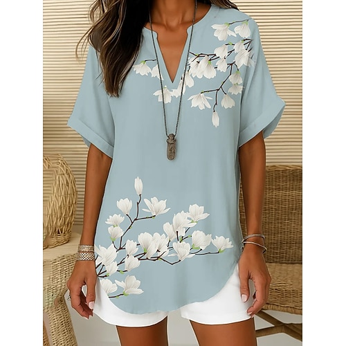 Damenbluse Leinenartig Atmungsaktiv Leicht Floral Grafik Bohemia Aktiv Vintage Kurzärmlig Reguläre Oberteile Alltag Urlaub Strandbekleidung Rot Blau Lila Beige Sommer Frühling Image