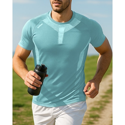 Herren Lauf-T-Shirt Sporttop Schlank Kurzarm T-Shirt Sommer Frühling Farbblock Schnelltrocknend Leicht Elastisch Atmungsaktiv Tennis Golfspiel Laufen Sportbekleidung Sportkleidung Schwarz Wei Image