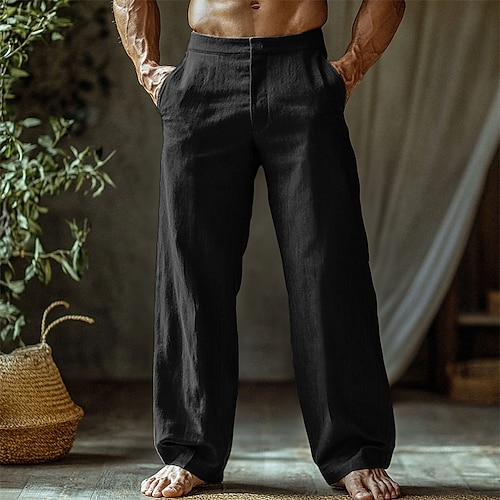 Herren Leinenhosen Hose Sommerhose Strandhose Knöpfe Tasche Gerader Schnitt Einfach Komfort Atmungsaktiv Urlaub Täglich Ferien Hawaiianisch Boho Schwarz Weiß Image