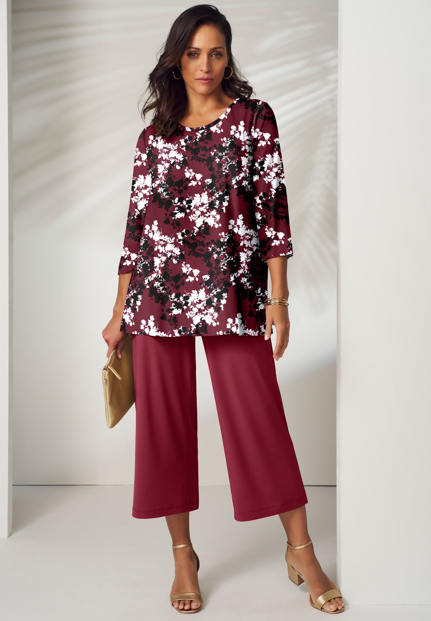Plus Size Women's Stretch Knit Swing Tunic by Jessica London in Burgundy Graphic Floral (Size 14/16) Long Loose 3/4 Sleeve Shirt