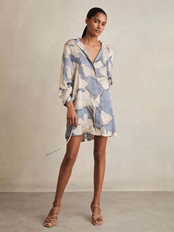 Floral Print Cut-Out Shirt Dress - Natural - Reiss Dresses