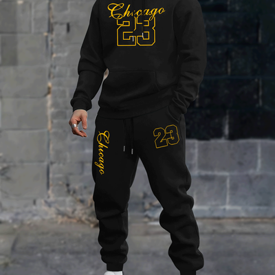 TEMU Men's Chicago 23 Hoodie And Joggers Set, Casual Geometric Print, Elastic Polyester, Loose Fit, Pullover Sweatshirt With Drawstring Pants, Urban Streetwear Image