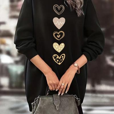 TEMU Women's Casual Crew Neck Knit Sweatshirt Dress Print, Polyester, Long Sleeve, Fleece Lined For Fall/winter Image
