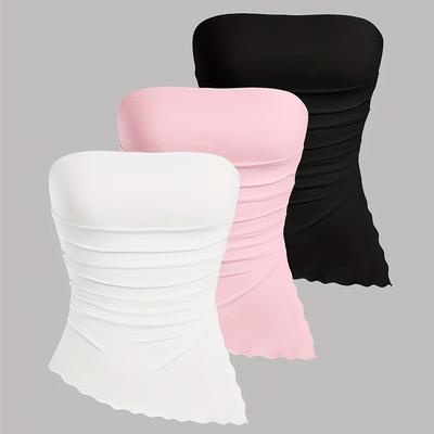 TEMU 3-pack Y2k Style Women' Color Ruched Asymmetrical Hem Sleeveless Bandeau Tops, 95% Polyester 5% Spandex Knit Fabric, Spring/summer/fall Collection - 418t-3 Image
