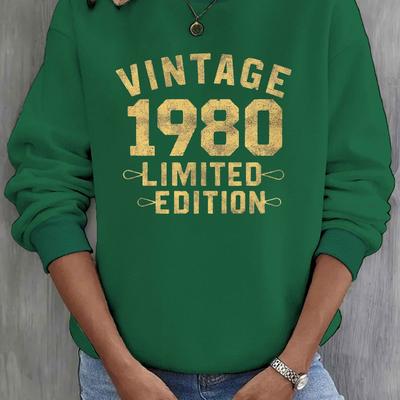 TEMU Vintage 1980 Edition Women's Graphic Print Crew Neck Sweatshirt - Black With Golden , Casual Fall & Spring Pullover, Machine Washable, Cute Sweatshirts, Casual Attire, Nonstretch Fabric Image