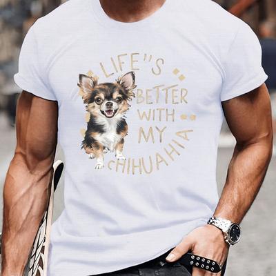 TEMU Men's Polyester Crew Neck T-shirt With Chihuahua Print | Casual Short Sleeve Knit Fabric Tee With Stretch | Summer Regular Fit Graphic Shirt With Geometric Dog Pattern Image