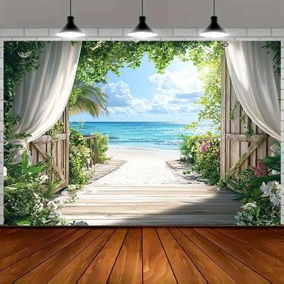 TEMU 1pc Tropical Beach Paradise Backdrop With Palm Trees & - Greenery Scene For Birthdays, Outdoor Celebrations, Holiday Events, Queue Banners - Polyester, Multiple Sizes , Beach Theme Decorations Image