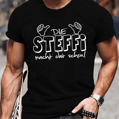 "TEMU Men's Short Sleeve T-shirt - Olive Green Geometric Summer Tee With Design & "die Macht Das Schon!" Slogan, Regular Fit Machine Washable Top, Shirt" Image