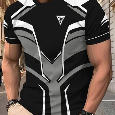 TEMU Men's 3d Print Graphic T-shirt - Lightweight Slim Fit Summer Essential With Geometric , Breathable Round Neck Short Sleeve Tee For Casual Outfits, Everyday | Modern | Highquality Print Image
