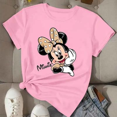 TEMU Women's Short Sleeve T-shirt - Mouse & '' Letter Print, Casual Summer Top, Machine Washable, Geometric , Casual Attire, Graphic Tee, Comfortable Fabric Image
