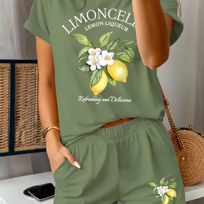TEMU Women's Limoncello Graphic T-shirt & Shorts Set - Casual Green Short Sleeve Outfit With Lemonade Design, Polyester Blend, Summer, Casual Attire | Limoncello Themed | Print Image