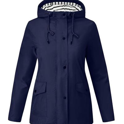 TEMU Women's Lightweight Hooded Windbreaker Jacket - Navy Blue Striped Outdoor Casual Coat With Zippered Pockets, Machine Washable H-silhouette For Fall Winter & , Winter Camping Gear Image