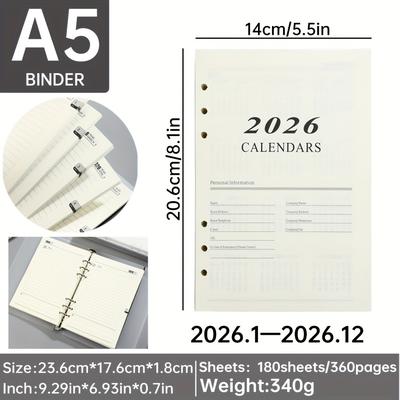 TEMU 1 Pack 2026 A5 English Year Calendar Refills - 180 Sheets (360 Pages) Daily Planner Insert With Schedule, Time Management Notebook Replacement Pages For 2025-2026, & Durable Paper Image