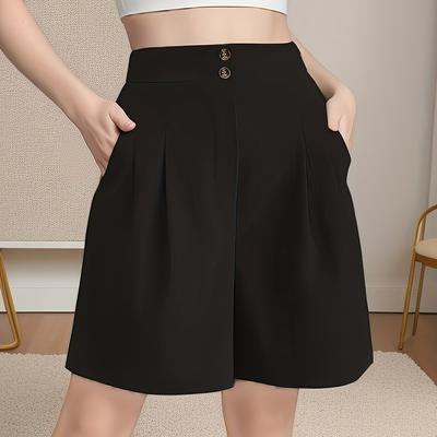 TEMU Women's Casual Summer Wide-leg Shorts Pants With Drawstring Waist & Side Pockets - Lightweight Non-stretch Fabric, Machine Washable Solid Black For Casual Image