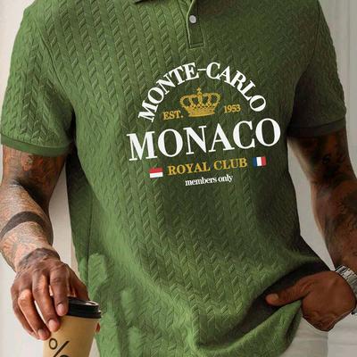 TEMU Men's Monaco Print Shirt - Black Short Sleeve Button-up With Collar, Summer Casual Wear, Machine Washable, Slim Fit, Monaco Design Image