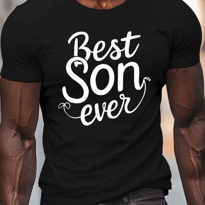"TEMU Men's Casual Crew Neck T-shirt With "best Son Ever" Print, 100% Polyester Knit Fabric, Stretch, Regular Fit, Lightweight Summer Top - Black" Image