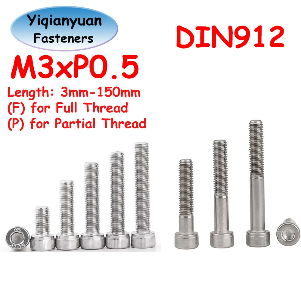 Yiqianyuan DIN912 SUS304 Edelstahl-Innensechskantschrauben M3xP0.5 mit gerändeltem Kopf, Voll- und Teilgewindeschrauben Image