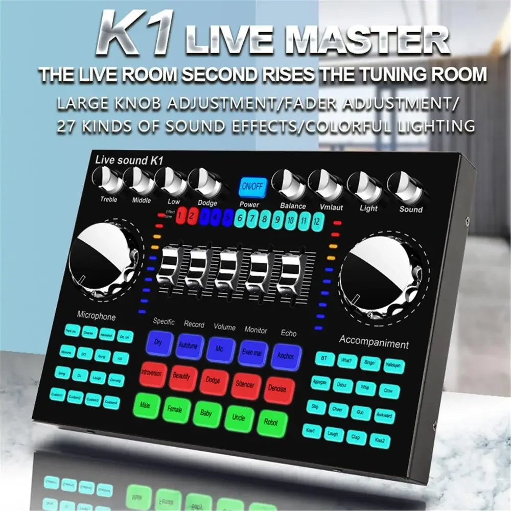 K1 Professionelle Live Soundkarte Audio Mixer DJ Ausrüstung Soundkarte Effekte Prozessoren für Musik Karaoke Recorder Live Broadcast Image
