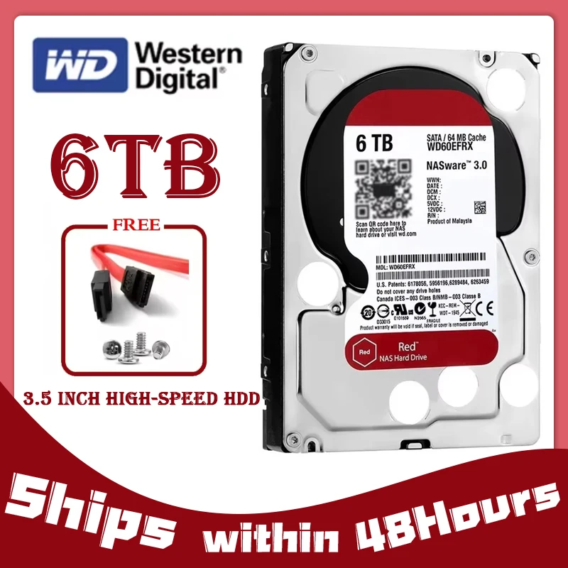 WD Red 6 TB (WD60EFRX) 3,5 Zoll SATA 6 Gbit/s 64 MB 5400 U/min für interne Festplatte für NAS-Festplatte Image