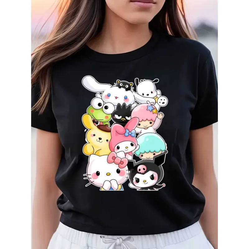 Sanrio Hello Kitty und Freunde T-Shirt Damen Kurzarm Top Yuguigou Kuromi Melody Cartoon Bedrucktes Harajuku Shirt Größe bis